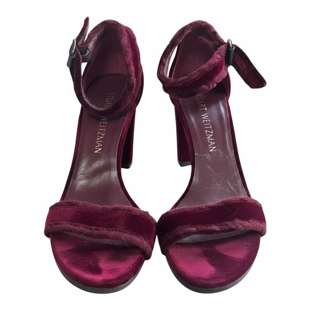 Stuart Weitzman Burgundy Velvet Ankle Strap Block Heel Sandals Size 6M